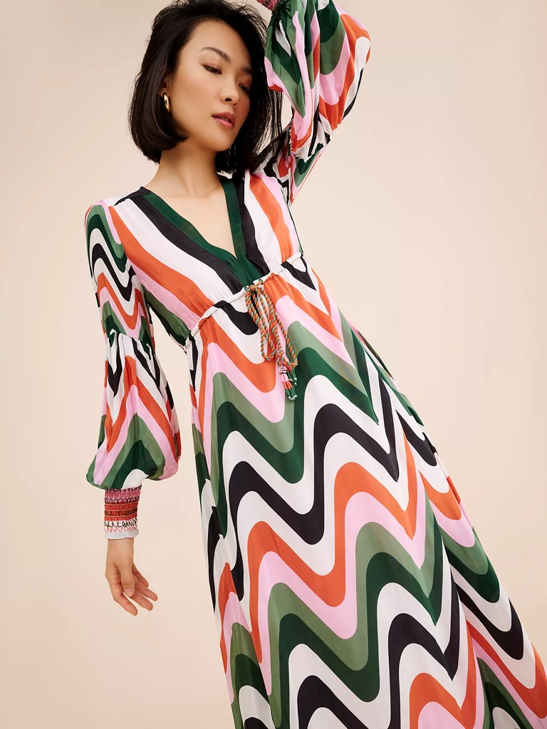 Farm Rio Green Pink Orange Gradient Wavy Maxi Dress Large L Resort Vacation